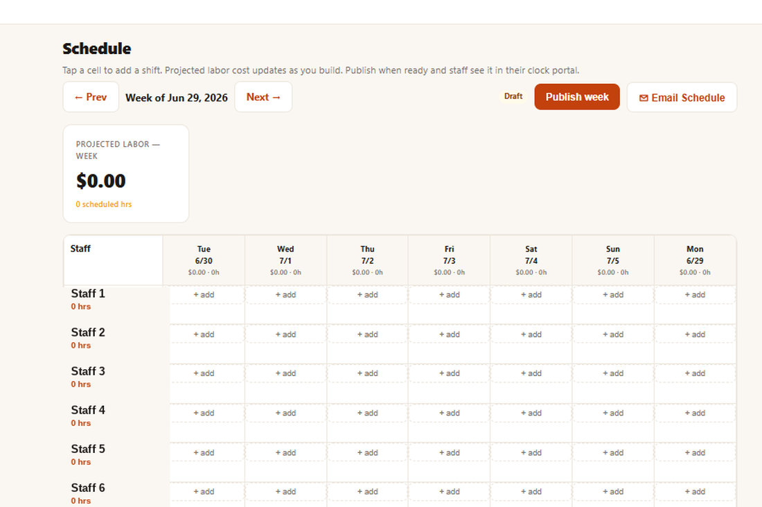 DISHROW weekly scheduling grid showing staff rows, days of the week, and projected labor cost